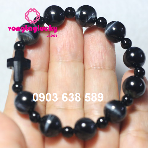 Chuỗi mân côi đá mắt hổ xanh đen 10li xen 5li và 6 li thánh giá pha lê Áo