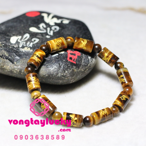 Vòng tay đá mắt hổ khắc rồng lu thống 8li