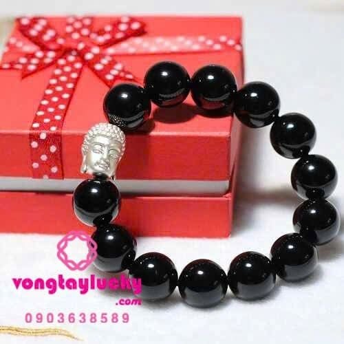 Vòng tay đá mã não đen 14li phối đầu phật bạc Thái lớn