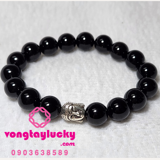 Vòng tay may mắn mã não đen 10li mix bạc Đầu Phật bạc Thái 925