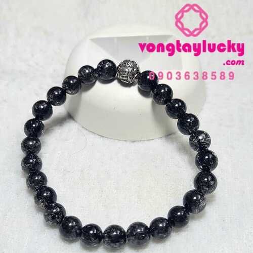 Vòng tay đá thạch anh tóc đen điểm nhấn viên kinh phật bạc Thái khắc Om Ma Ni Pade Me Hum