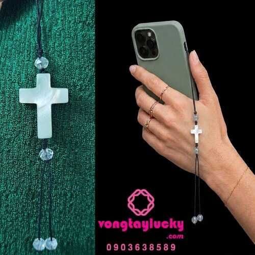 Dây đeo điện thoại handmade Thánh giá đá xà cừ 2x1.5cm thiên nhiên thiết kế độc bản handmade