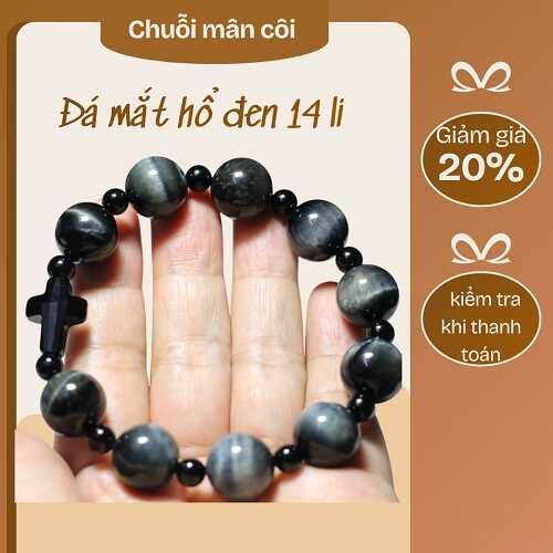 Chuỗi mân côi đá mắt hổ đen 14li thánh giá pha lê Áo