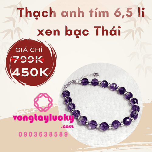 vòng tay thạch anh tím, vòng tay thạch anh tím 7li, vòng tay thạch anh tím phối bạc thái, vòng tay phong thủy thạch anh tím