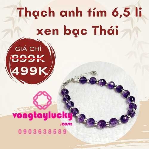 vòng tay thạch anh tím, vòng tay thạch anh tím 7li, vòng tay thạch anh tím phối bạc thái, vòng tay phong thủy thạch anh tím