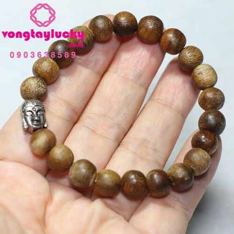 Vòng tay trầm hương tốc kiến tự nhiên 12li đầu phật bạc Thái xi vàng