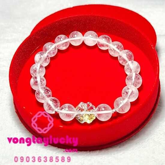 Vòng tay thạch anh ưu linh trắng 9li cỏ 4 lá pha lê Áo may mắn