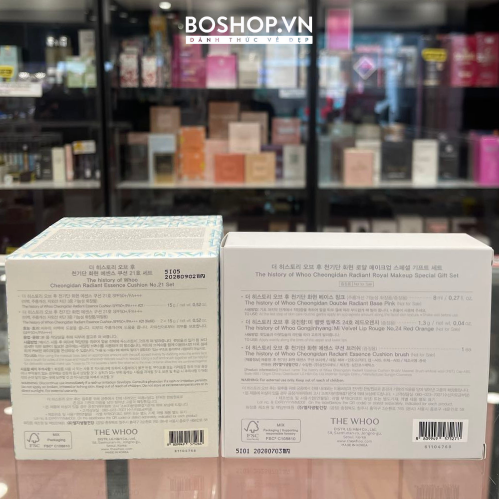  Giftset Makeup 6 Món The History Of Whoo Cheongidan Radiant Special (Set Gồm: 1 Phấn Nước No.21 + 2 Lõi Thay Thế + 1 Kem Lót Base Pink + 1 Son No.24 Red Orange + 1 Cọ Tán Cushion) 