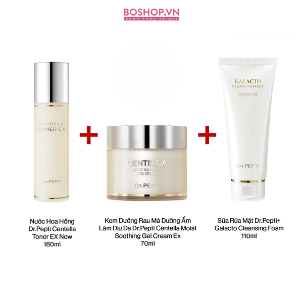 Combo 3 Nước Hoa Hồng 180ml + Kem Dưỡng Rau Má Dưỡng Ẩm Làm Dịu Da 70ml + Sữa Rửa Mặt Dr.Pepti+ 110ml (8809610272249 - 8809610272638 - 8809331318561)