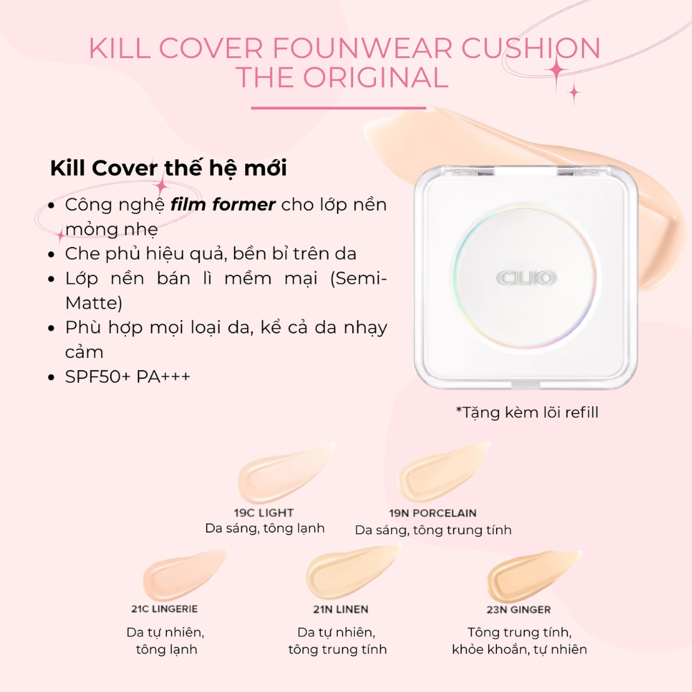  Phấn Nước Clio Kill Cover Founwear Cushion The Original SPF 50+ PA+++ #19N Porcelain (Kèm 1 Lõi) 