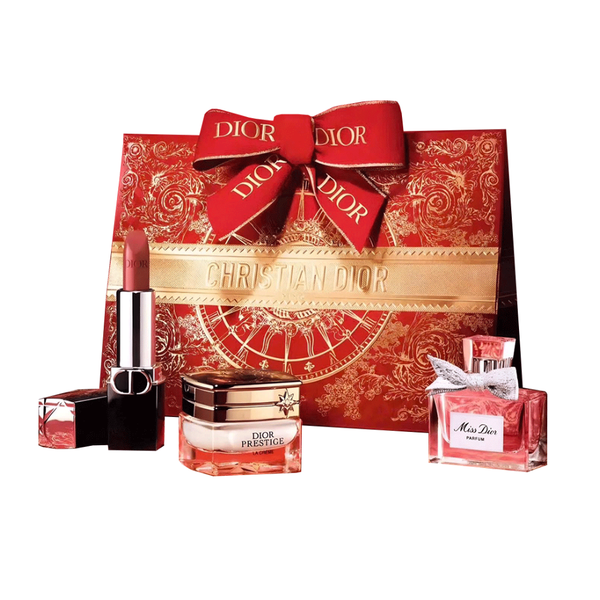 Giftset 4 Món Nước Hoa Nữ Dior Parfum EDP 5ml + Son Mini Dior Rouge 1.5g #720 Icone Satin + Kem Dưỡng Trẻ Hóa Da Dior Prestige La Cream 5ml + Túi Giấy Dior