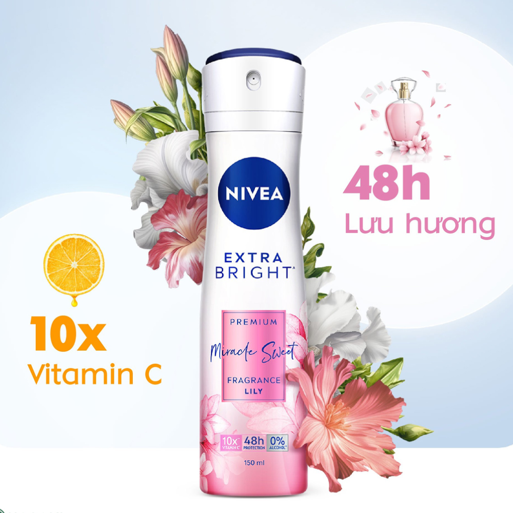  Xịt Khử Mùi 48H Dưỡng Sáng Nivea Extra Bright Premium Miracle Sweet Fragrance Lily Spray 150ml 