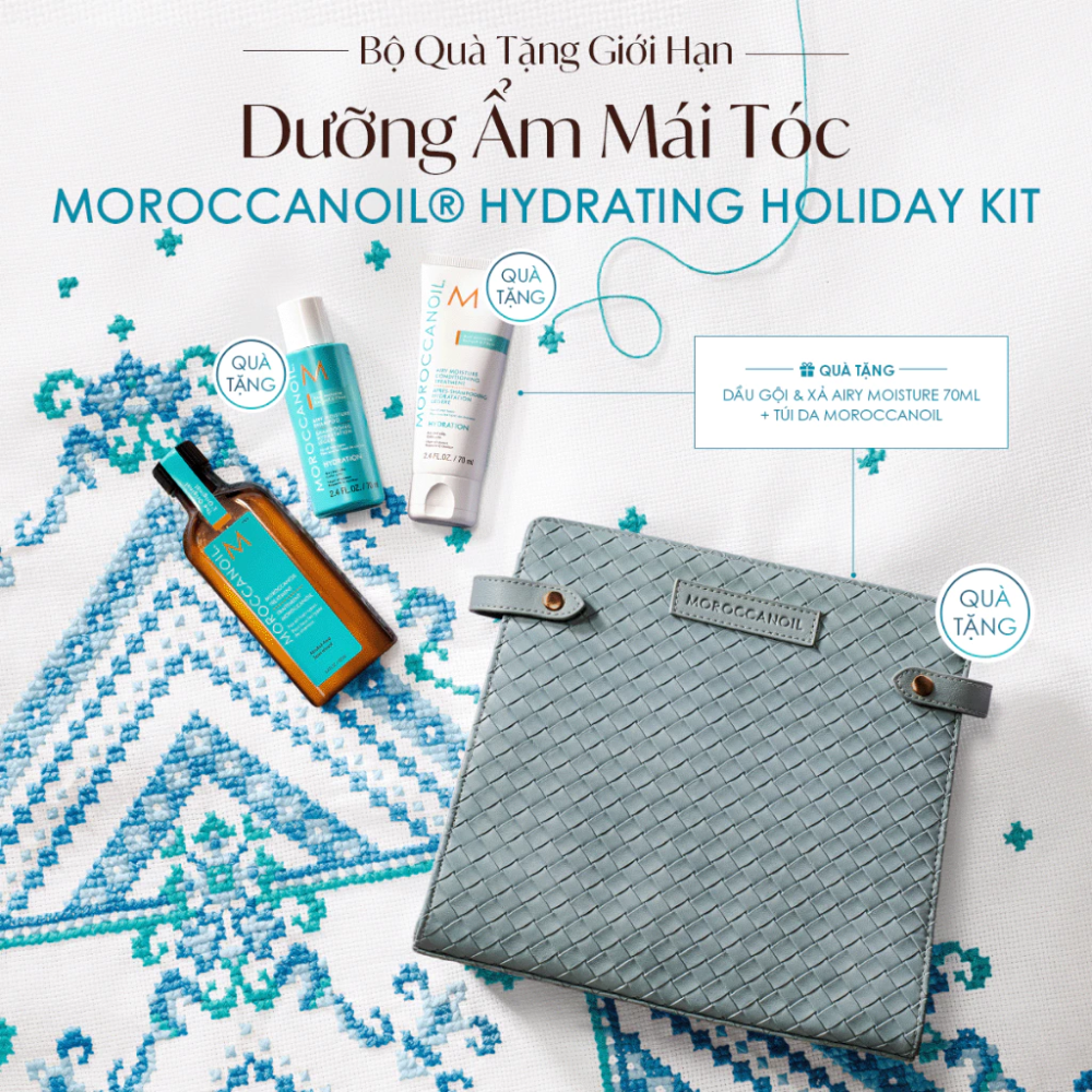  Giftset Dưỡng Ẩm Tóc Morocanoil Holiday Kit (Bộ Dầu Gội & Dầu Xả 70ml + Tinh Dầu Dưỡng 100ml + Túi Da Cao Cấp) 
