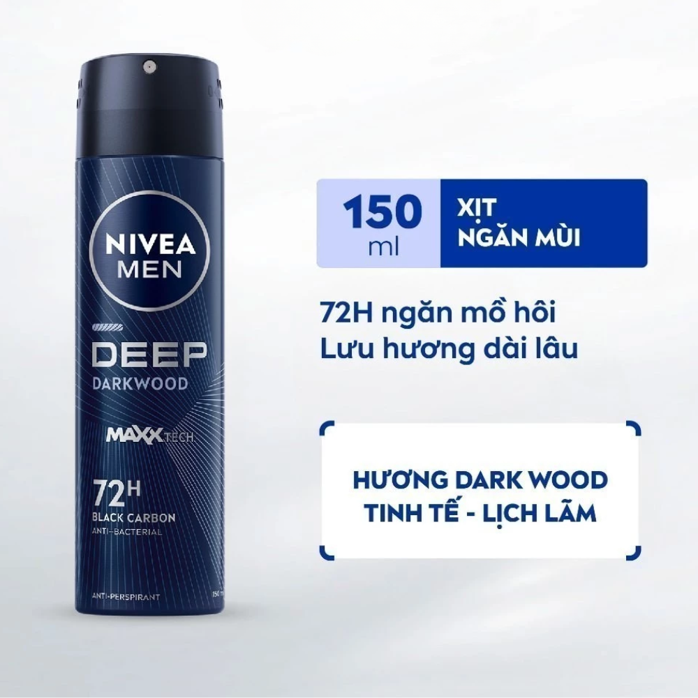  Xịt Khử Mùi Nam 72H Hương Gỗ Đen Nivea Men Deep Darkwood Deodorant Spray 150ml 