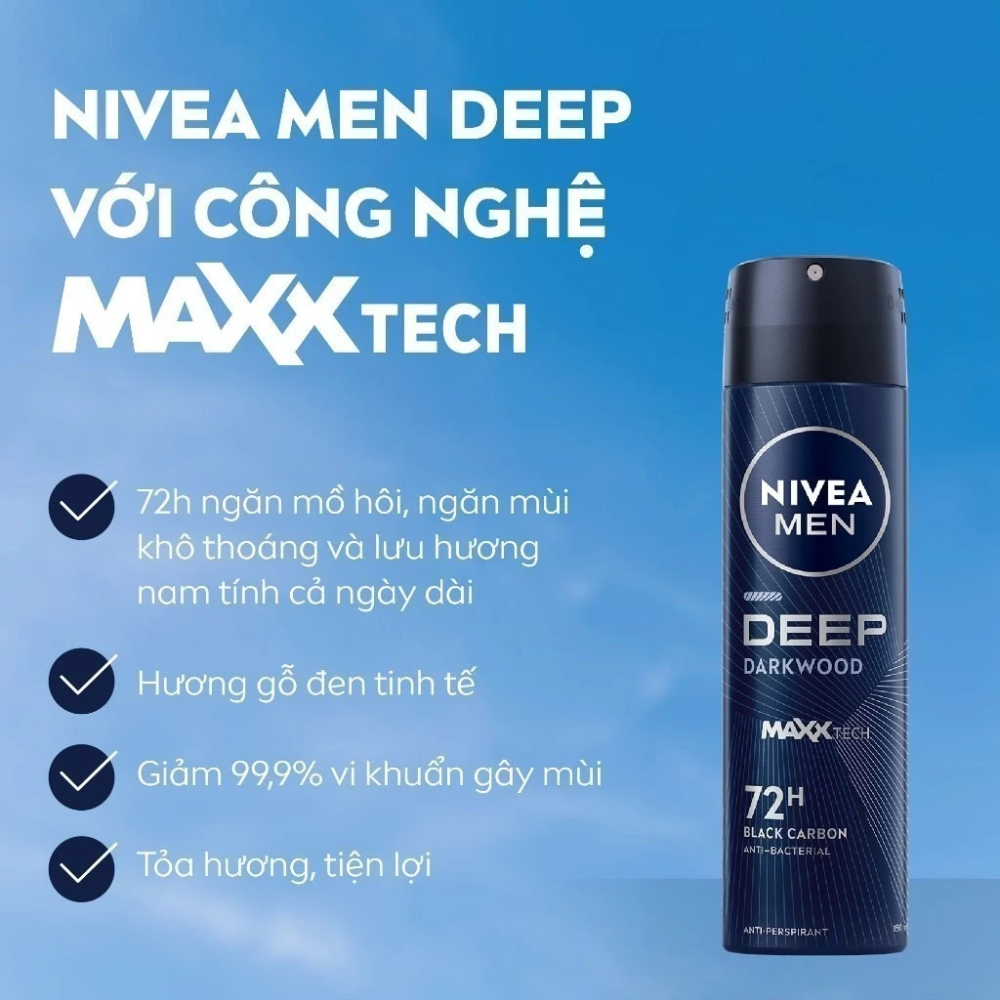  Xịt Khử Mùi Nam 72H Hương Gỗ Đen Nivea Men Deep Darkwood Deodorant Spray 150ml 