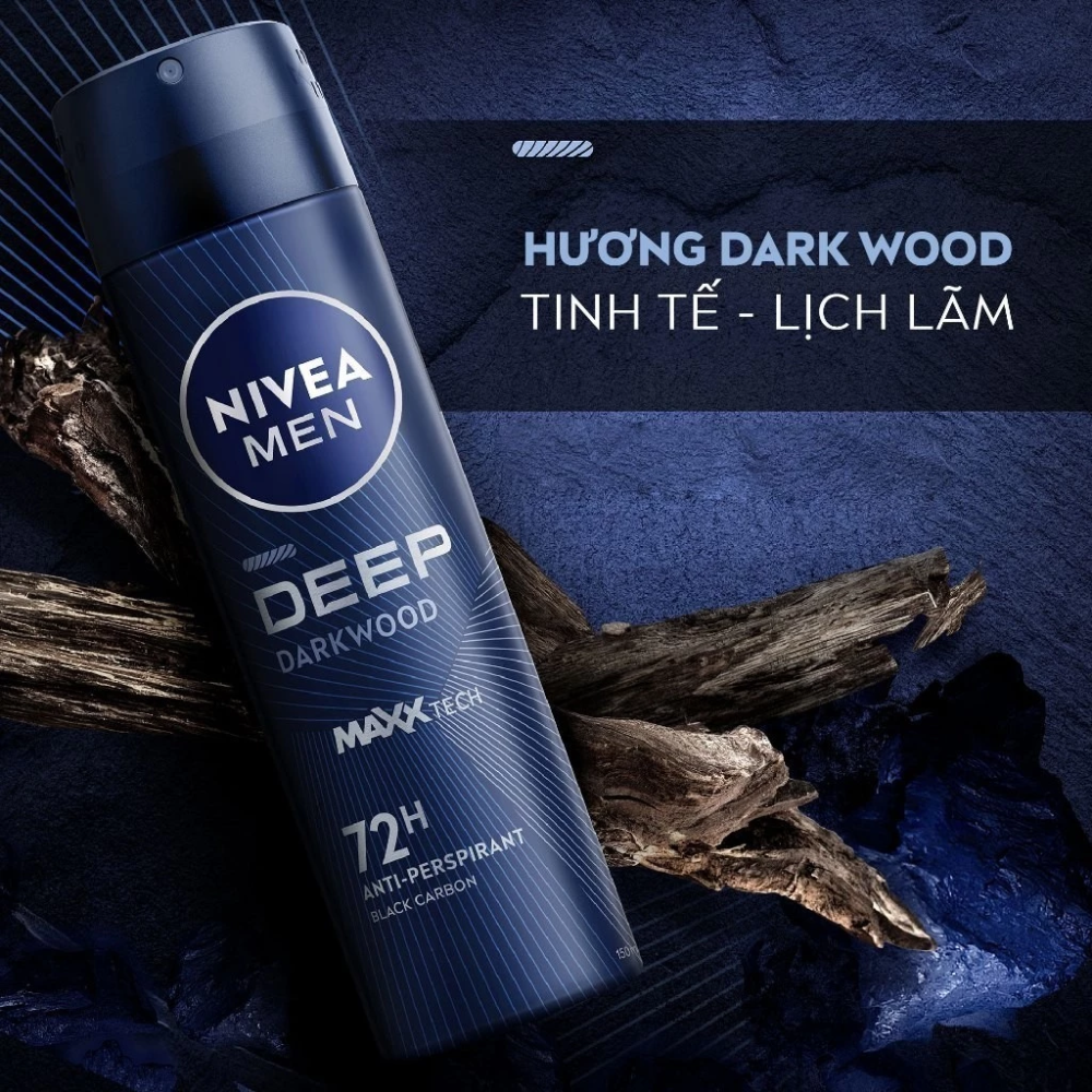  Xịt Khử Mùi Nam 72H Hương Gỗ Đen Nivea Men Deep Darkwood Deodorant Spray 150ml 
