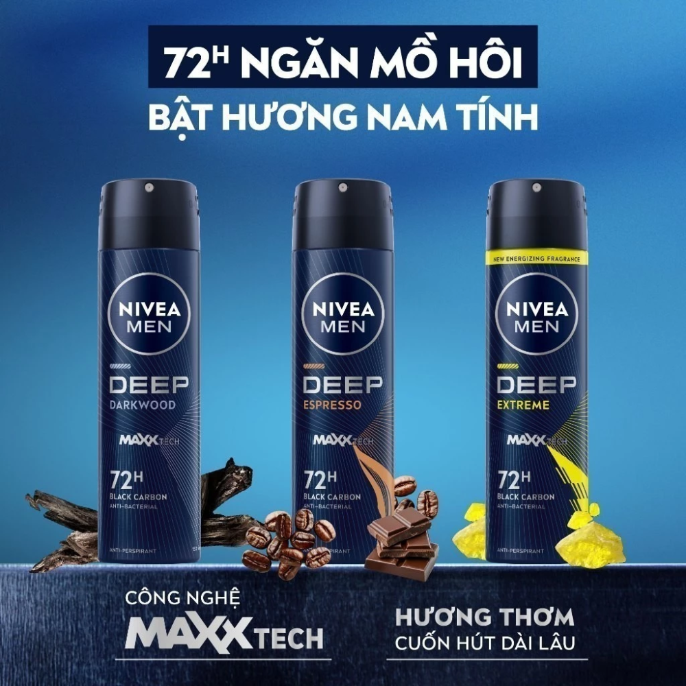  Xịt Khử Mùi Nam 72H Hương Gỗ Đen Nivea Men Deep Darkwood Deodorant Spray 150ml 