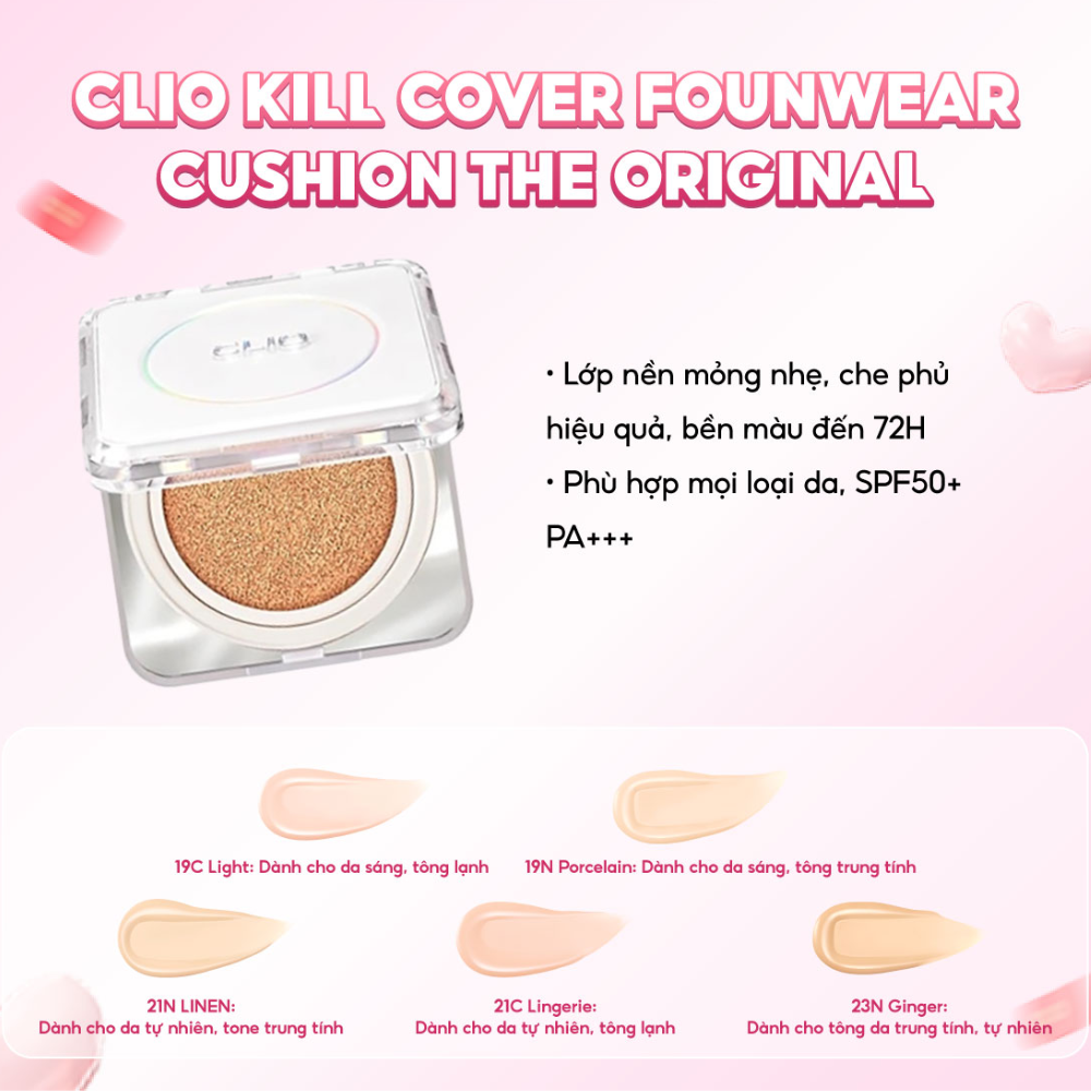  Phấn Nước Clio Kill Cover Founwear Cushion The Original SPF50+ PA+++ #23N Ginger (Kèm 1 Lõi) 
