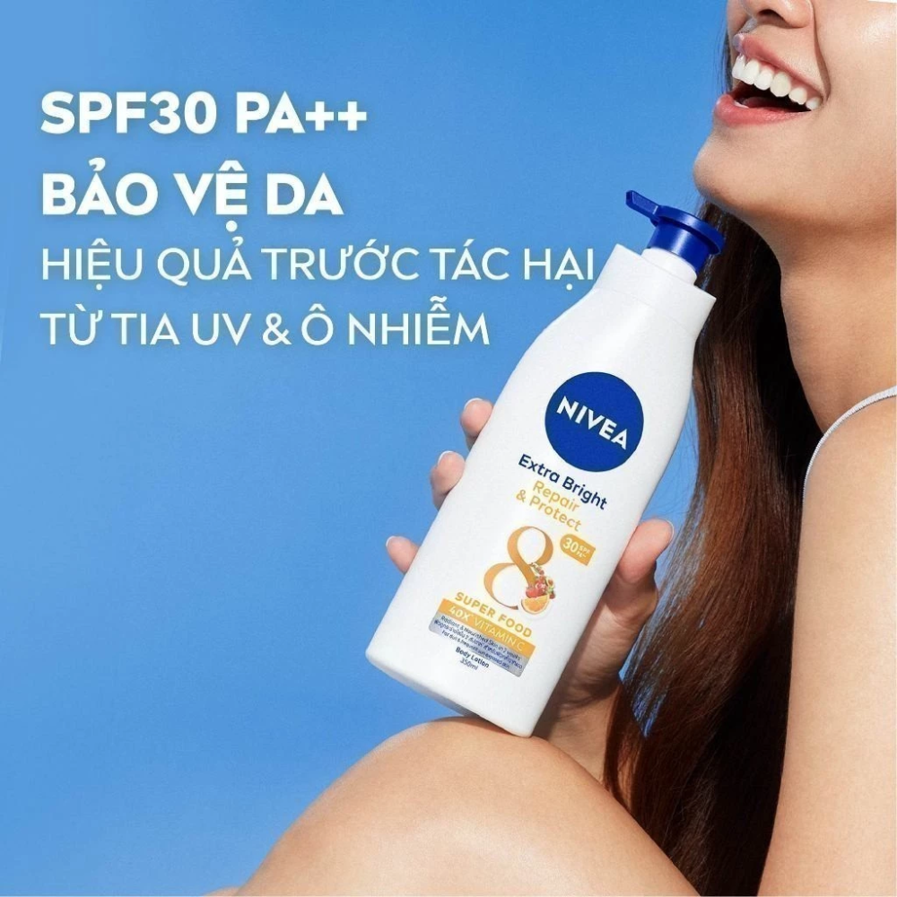  Dưỡng Thể Phục Hồi & Chống Nắng Ban Ngày Nivea Extra Bright Repair & Protect 8 Super Food Body Lotion SPF 30 PA+++ 350ml 