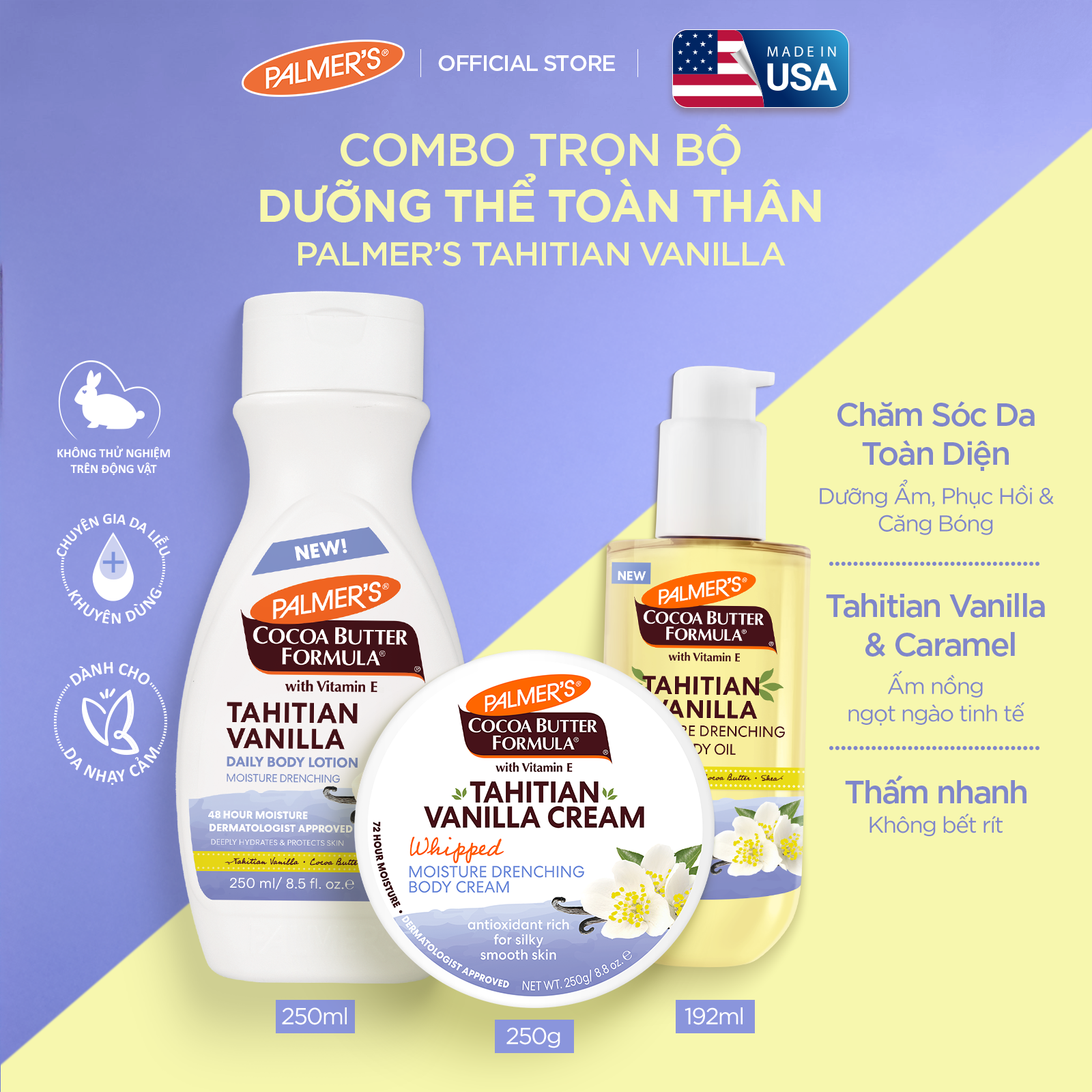 [Mới] Combo Trọn Bộ Dưỡng Thể Toàn Thân Palmer's Tahitian Vanilla (Dưỡng Thể + Kem Dưỡng 250g + Dầu 192ml)