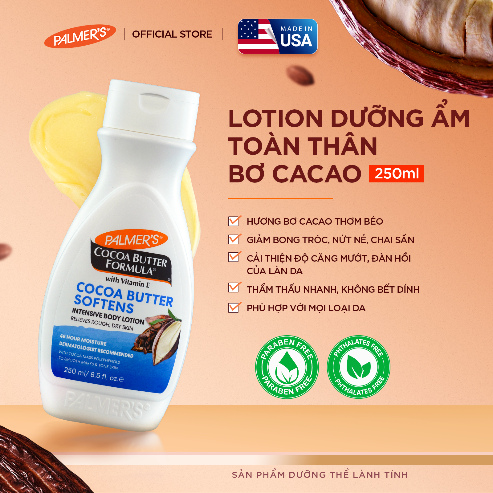 Lotion dưỡng ẩm sâu toàn thân hỗ trợ giảm khô nứt da hương Bơ Cacao Palmer
