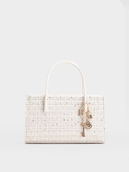 Túi Xách Tay Phủ Màu Tag Vuông Size 21 - Trắng Tweed