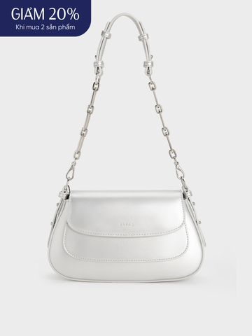 Túi Đeo Vai Hobo Nắp Gập Chain Handle Size 23 - Bạc