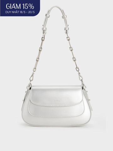 Túi Đeo Vai Hobo Nắp Gập Chain Handle Size 23 - Bạc