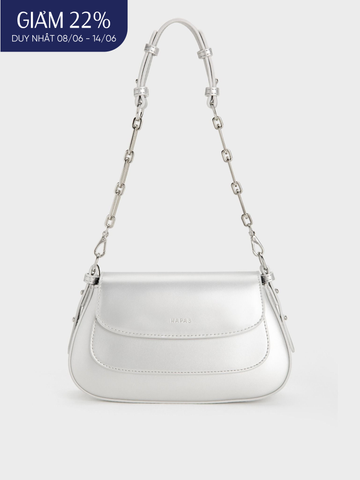 Túi Đeo Vai Hobo Nắp Gập Chain Handle Size 23 - Bạc