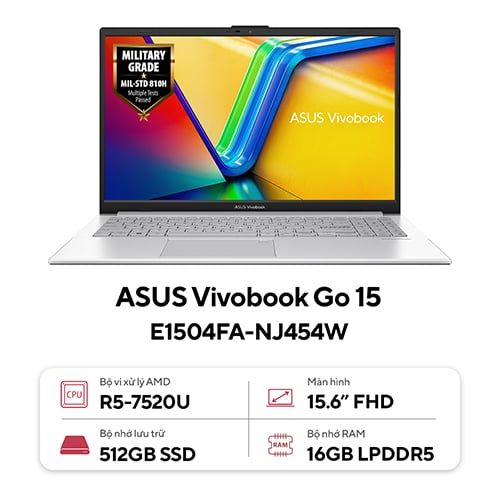 Laptop Asus Vivobook Go 15 E1504FA-NJ454W (Ryzen 5-7520U | AMD Radeon Graphics | 15.6 inch FHD | 16GB | 512GB | Win 11 | Bạc)