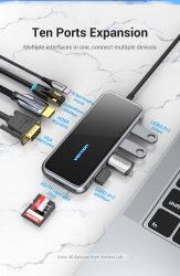 Cáp Chuyển Đổi (10 in 1) USB Type C Sang HDMI 4k @30Hz/ VGA/ USB 3.0*2/ USB 2.0*2/ LAN RJ45 1000M/ TF/ SD/ PD (87w) VENTION CMDHA