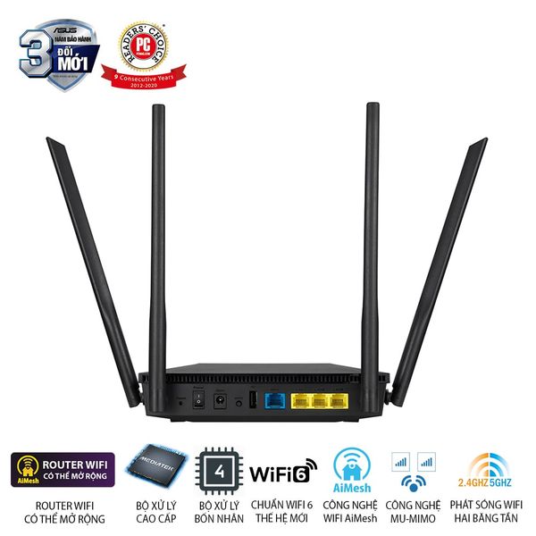 Bộ phát wifi 6 Asus RT-AX53U MU-MIMO AiMesh AX1800Mbps, Router WiFi có thể mở rộng,