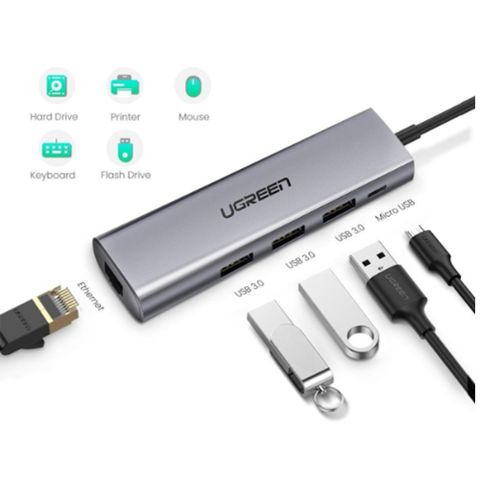 Bộ chia Hub 3.0 sang 4 cổng màu xám và cổng mạng Lan Ugreen(60812)