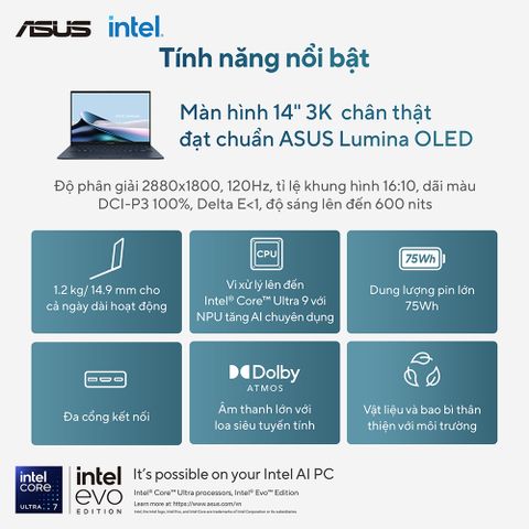 Laptop Asus Zenbook 14 UX3405CA-PZ187WS (Intel Core Ultra 5 225H | Intel Arc | 14 inch 3K OLED | 16GB | 512GB | Win 11 | Xanh)