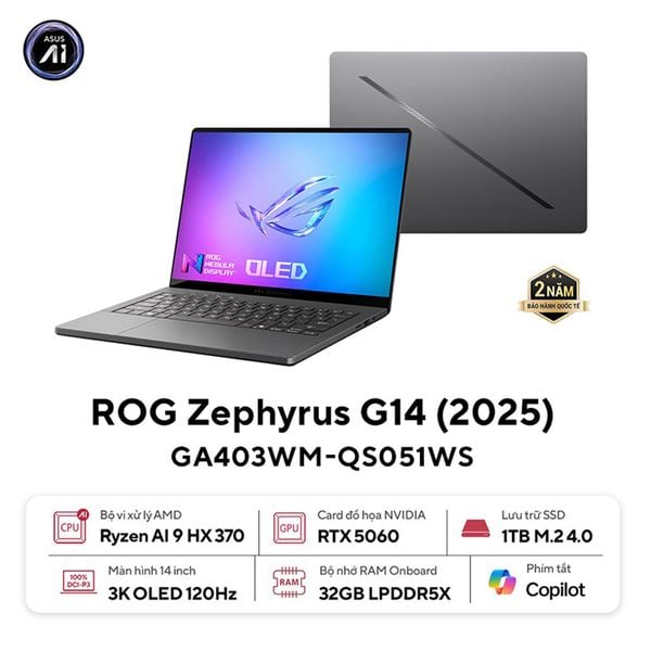 Laptop Asus ROG Zephyrus G14 GA403WM-QS051WS (AMD Ryzen AI 9 HX 370 | RTX 5060 8GB | 14 inch 3K OLED 120Hz | 32GB | 1TB | Win 11 | Office | Xám)