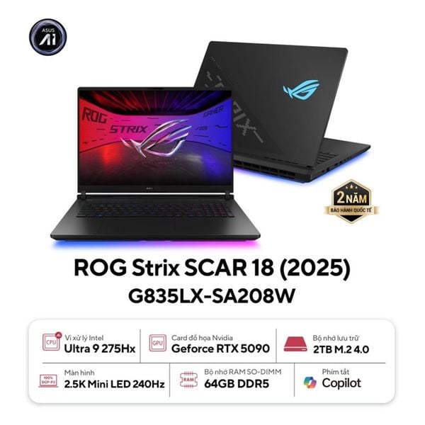 Laptop ASUS ROG Strix SCAR 18 G835LX-SA208W (Intel Core Ultra 9 Processor 275HX | RTX 5090 24GB | 18 inch 2.5K 240Hz | 64GB | 2TB | Win 11 | Đen)