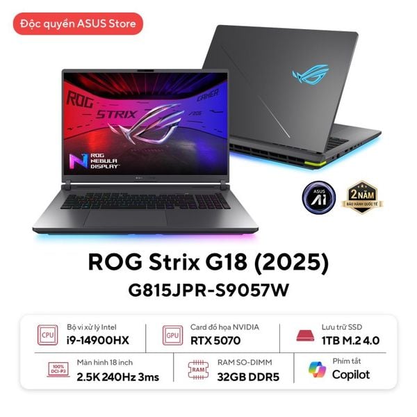Laptop ASUS ROG Strix G18 G815JPR-S9057W (Intel Core i9 14900HX | RTX 5070 | 18 inch 2.5K 240Hz | 32GB | 1TB | Xám | Win 11)