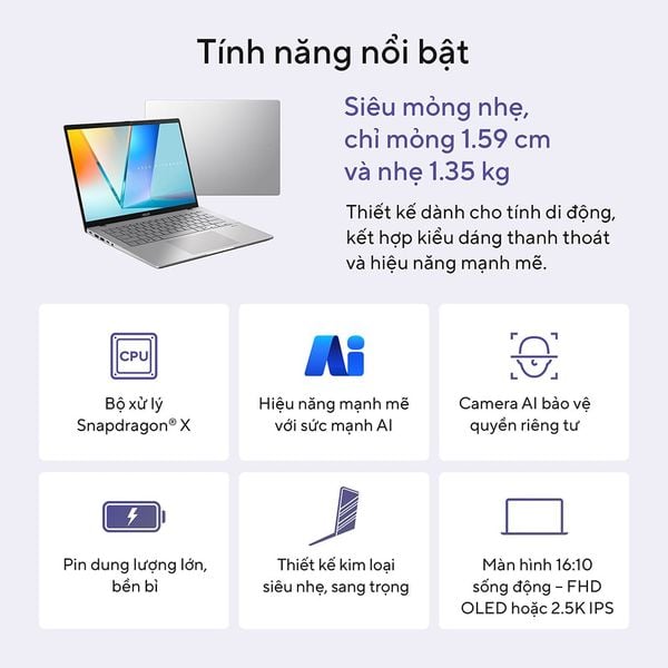 Laptop Asus Vivobook S14 S3407QA-SF043WS (Snapdragon X  X1 26 100 | 16GB | 512GB | Qualcomm Adreno | 14 inch FHD OLED | Win 11 | Office  Xám)
