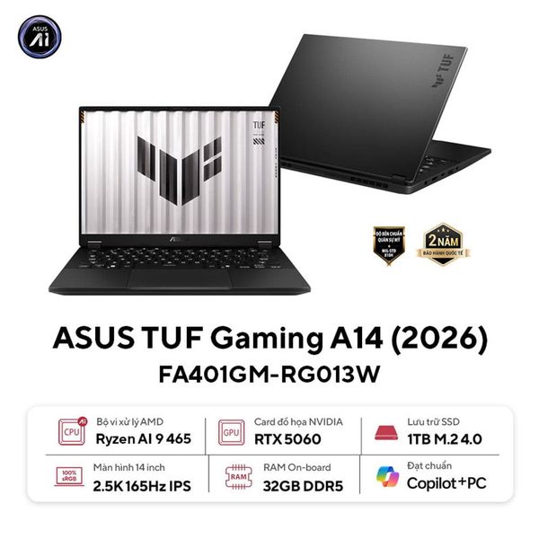 Laptop ASUS TUF Gaming A14 FA401GM-RG013W (AMD Ryzen AI 9 465 | RTX 5060 8GB GDDR7 | 14-inch WQXGA | 32GB | 1TB | Windows 11 Home | Xám)