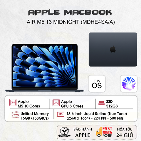 Laptop Apple MacBook Air 13 inch M5 Midnight - 10CPU/8GPU/16GB/512GB -  MDHE4SA/A
