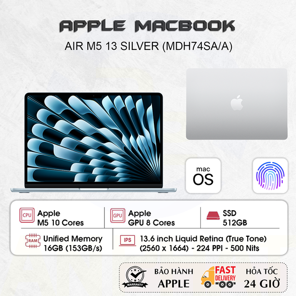 Laptop Apple MacBook Air 13 inch M5 Bạc 10CPU/8GPU/16GB/512GB  - MDH74SA/A