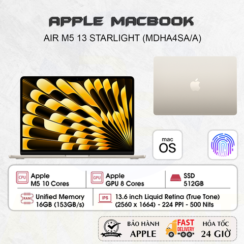 Laptop Apple MacBook Air 13 inch M5 Starlight - 10CPU/8GPU/16GB/512GB -  MDHA4SA/A