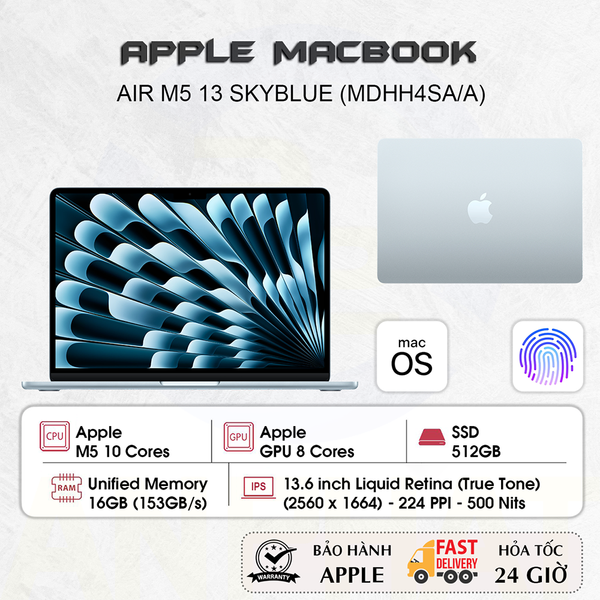 Laptop Apple MacBook Air 13 inch M5 SkyBlue - 10CPU/8GPU/16GB/512GB -  MDHH4SA/A