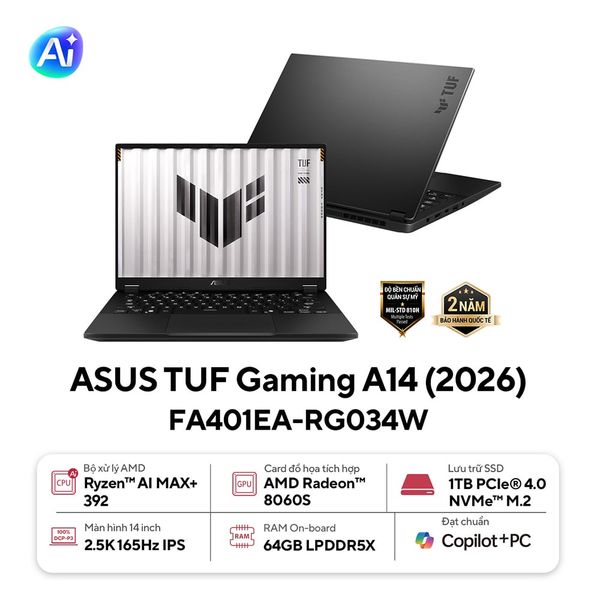 Laptop ASUS TUF Gaming A14 FA401EA-RG034W ( AMD Ryzen AI MAX+ 392 | AMD Radeon | 14 inch 2.5K 165Hz | 64GB | 1TB | Win 11 | Xám)
