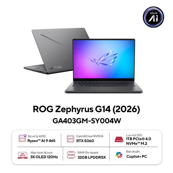 Laptop Asus ROG Zephyrus G14 GA403GM-SY004W 90NR0QL1-M004T0 (AMD Ryzen AI 9 465 | RTX 5060 8GB GDDR7 | 14-inch 3K | 32GB | 1TB | Windows 11 Home | Xám)