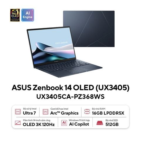 Laptop Asus ZenBook 14 UX3405CA-PZ368WS (Ultra 7 255H | 14 3K OLED Touch | 16GB | 512GB | Win 11 | Xanh)