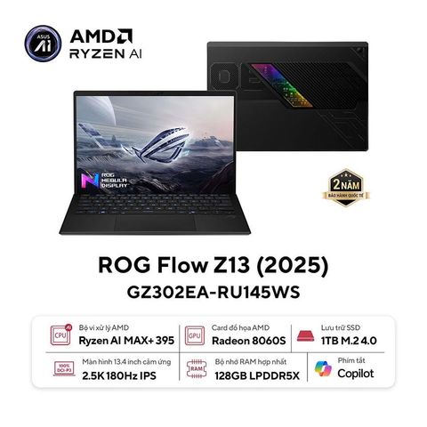 Laptop Asus Gaming ROG Flow GZ302EA-RU145WS (Ryzen AI Max +395 | 13.4 WQXGAT 180Hz | 128GB | 1TB | Win11+Office | Đen)
