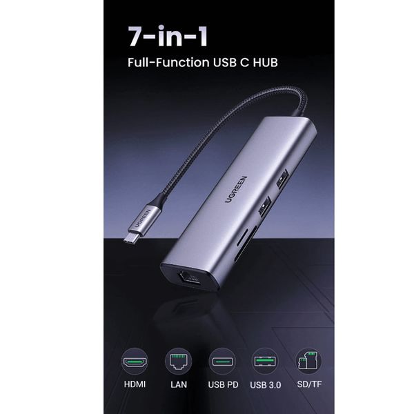 Bộ chuyển đổi USB Type-C sang HDMI+SD+TF+2 cổng USB 3.0+RJ45 Ugreen(90568)