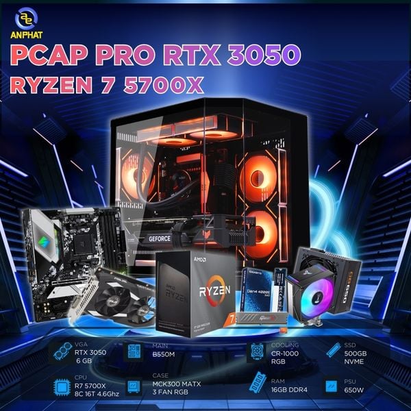 PCAP GAMING PRO RTX 3050 6GB ( AMD R7 5700X 8C 16T 4.6Ghz - 16GB RAM - 500GB SSD)