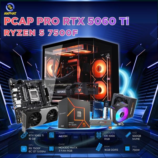 PCAP GAMING PRO RTX 5060 Ti 16GB ( AMD R5 7500F 6C 12T 5.0Ghz - 16GB RAM - 500GB SSD)